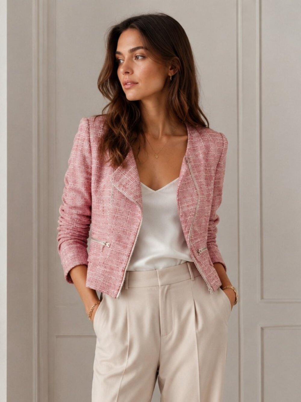 IRO Haven Asymmetric Zip Metallic Tweed Moto Jacket in Rouge